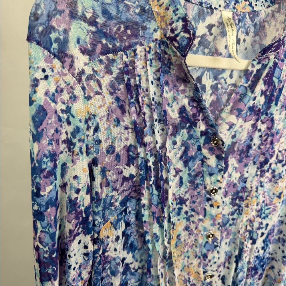 Per Seption Concept Blue Purple Floral Blouse 3/4 Sleeve Lightweight Top M - Picture 4 of 9